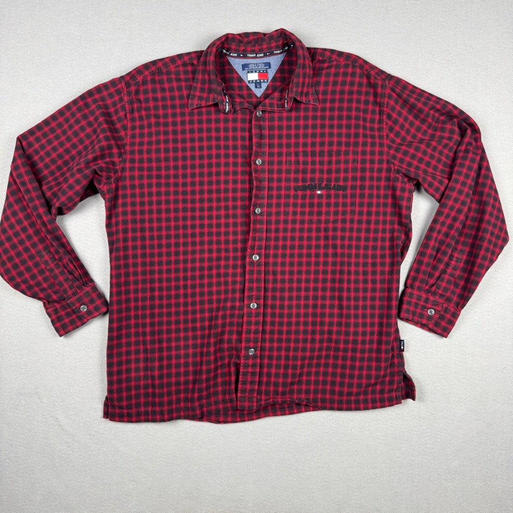 VTG Y2K Tommy Jeans Mens Red Black‎ Plaid Flannel Shirt Large 186795 7/01 Cotton